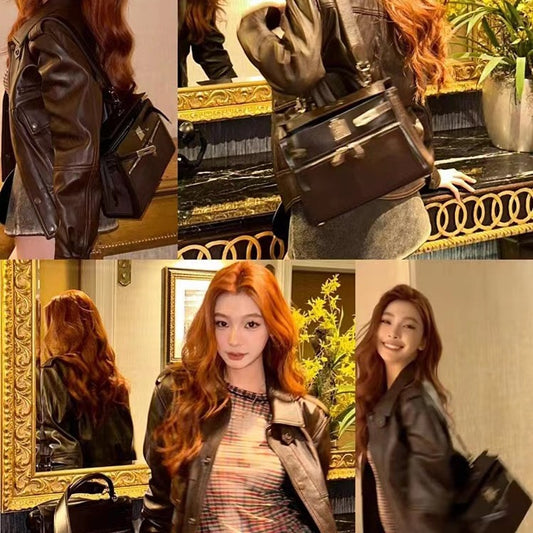 Women's Top Layer Cowhide Kelly Double Pocket Genuine Crossbody Bags