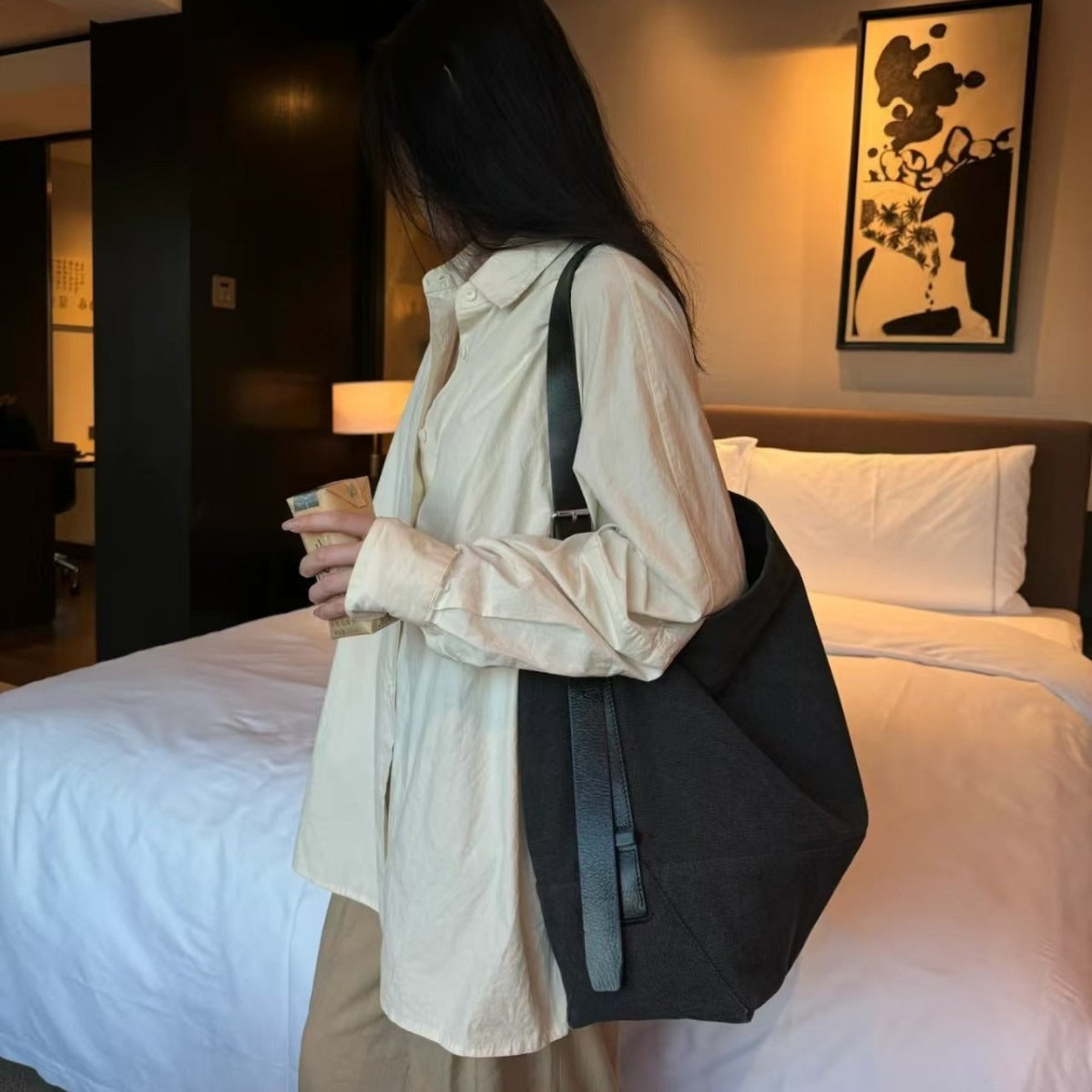 Large Vintage Fabric With Leather Capacity Crossbody Bags