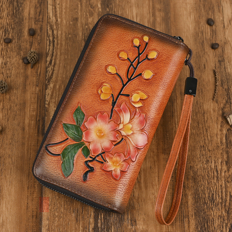 Women's Leather Double Zipper Long Embossed Hand-rub Color Ladies Wallets