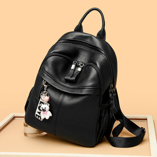 Women's Leather Fashion Bear Pendant Large Capacity Backpacks