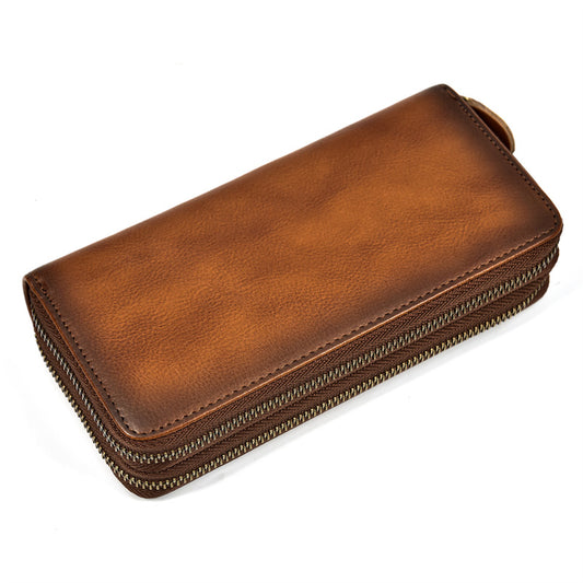 Men's Long Brushed Double Zip Business Retro Genuine Men's Wallets