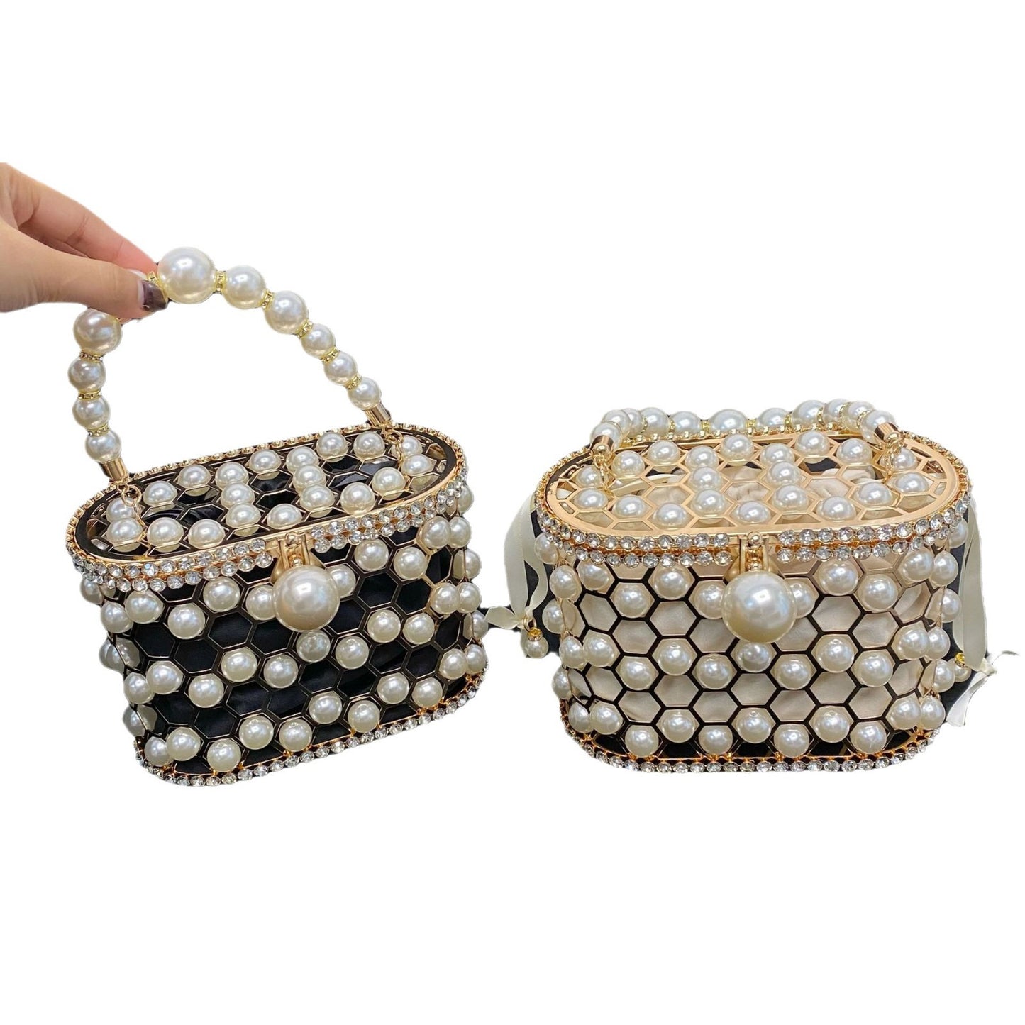 Women's Basket Dinner Shiny Rhinestone Pearl Shoulder Bags