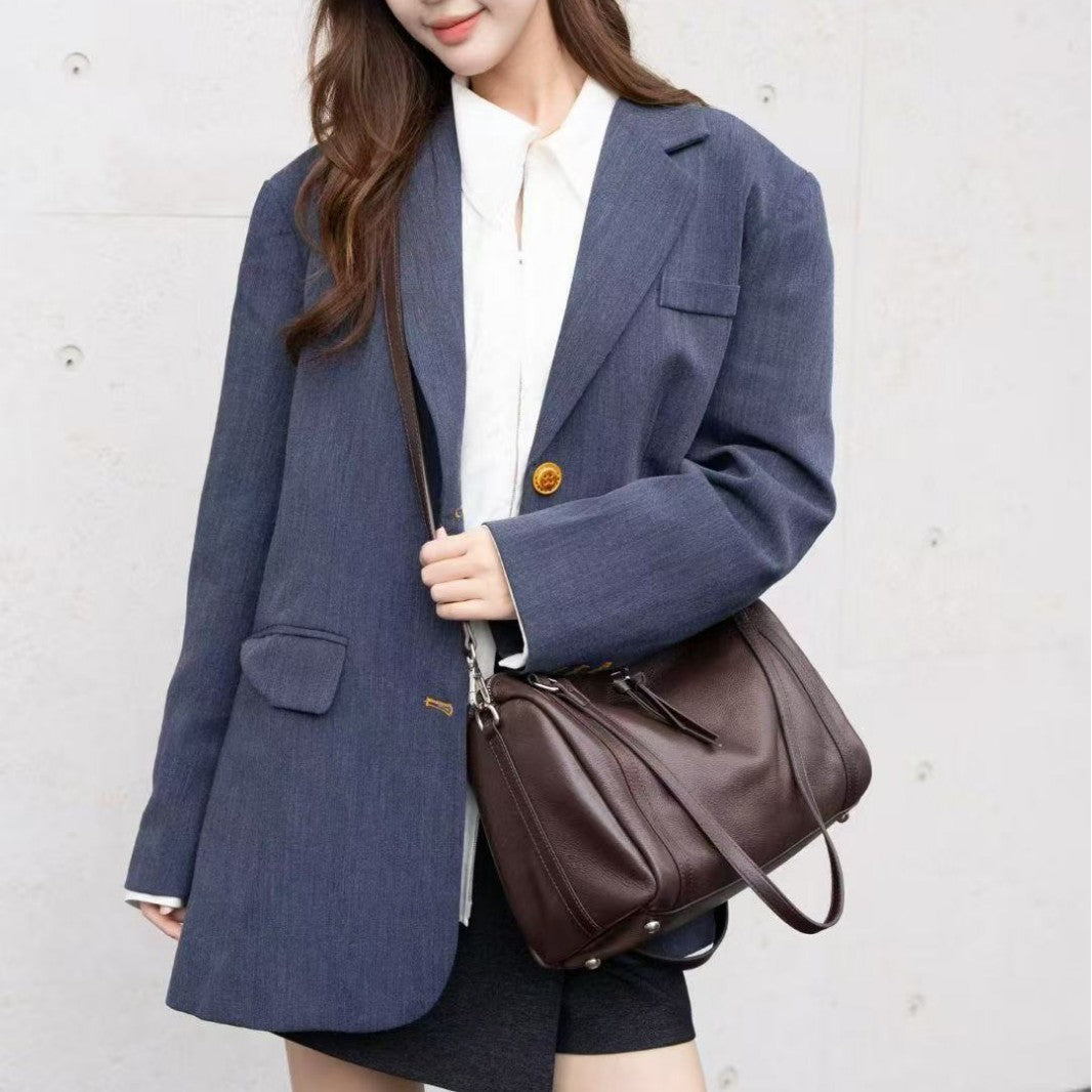 Women's Cowhide Boston Simple Textured Single Bags