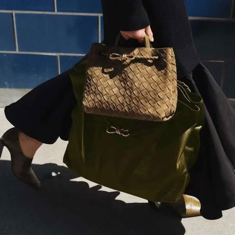 Women's Suede Layer Cowhide Bow Woven Handbags
