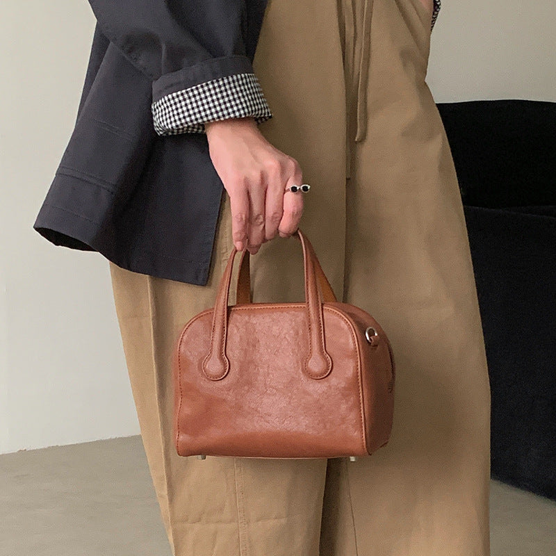 Women's Genuine Leather Bowling Niche High-grade Vintage Hand Carrying Handbags
