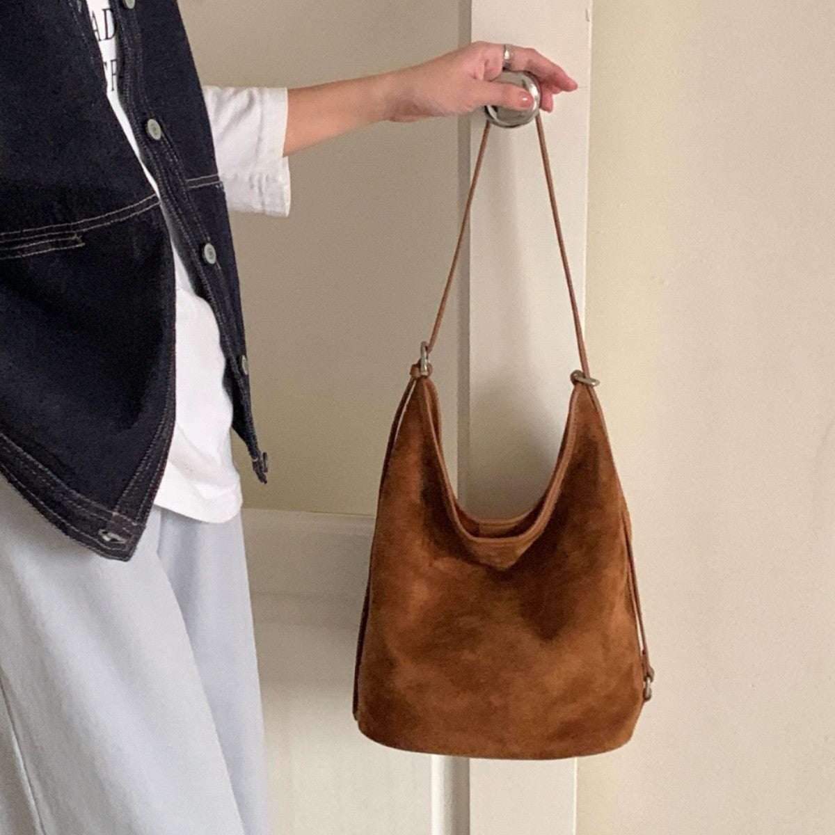 Women's Minimalist Style Niche Retro Suede Genuine Leather Shoulder Bags