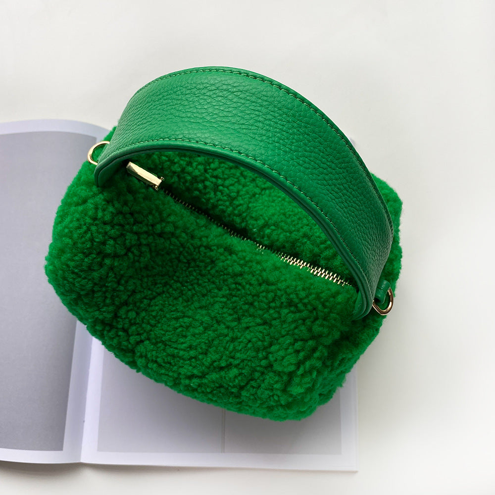 Women's Plush Genuine Leather Box Green Hand Shoulder Bags
