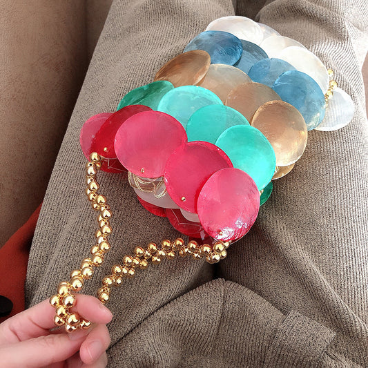 Women's Color Handmade Woven Shell Fashion Beaded Chain Handbags