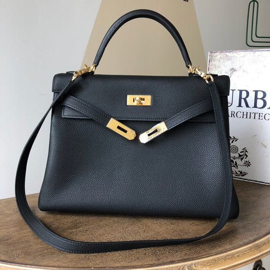 Women's First Layer Cowhide Lychee Pattern Kelly Shoulder Bags