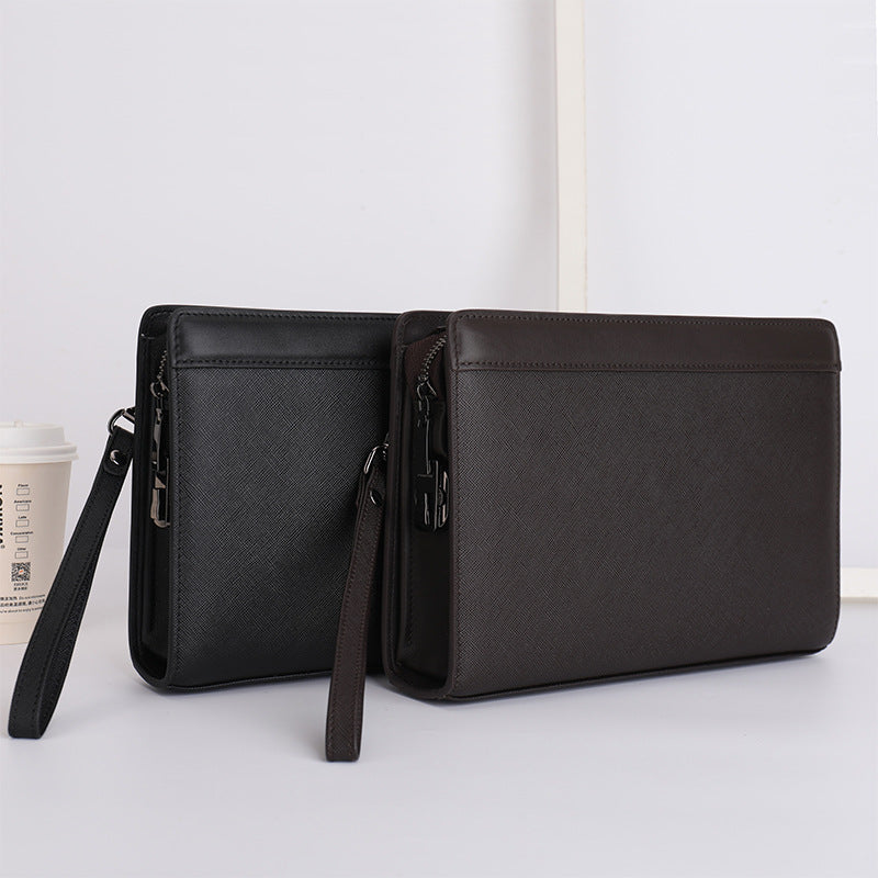 Men's Clutch Leather First Layer Cowhide Cross Pattern Men's Handbags