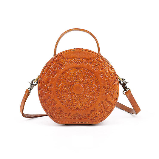 Women's Genuine Leather Retro Round Totem Hand Shoulder Bags