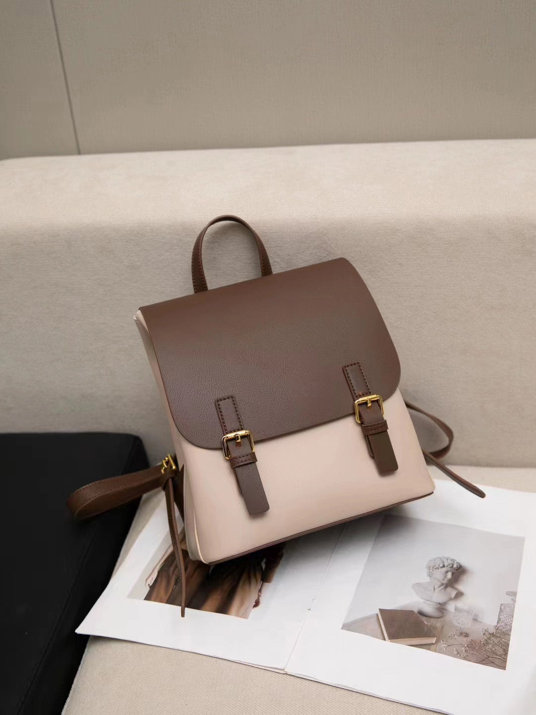 Women's Large Capacity Leather Contrast Color Backpacks