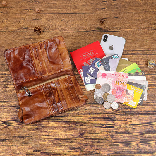 Men's Cowhide Hand-rub Color Distressed Long Retro Multiple Men's Wallets
