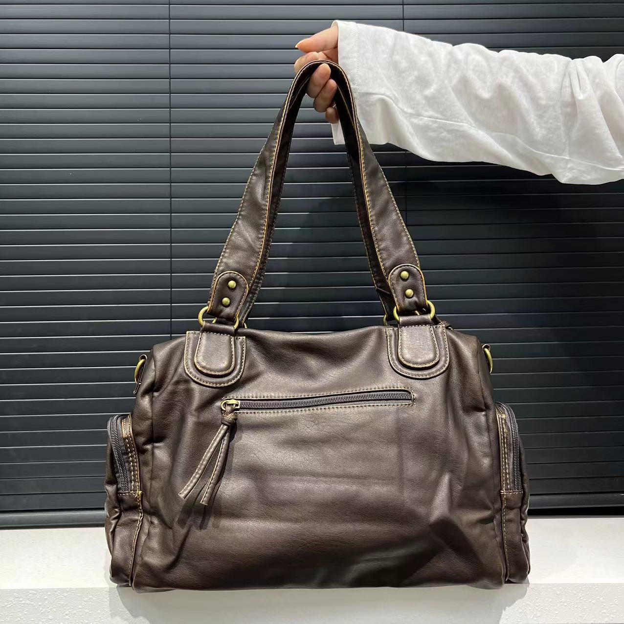 Women's Wash Distressed Motorcycle Large Capacity Retro Bags