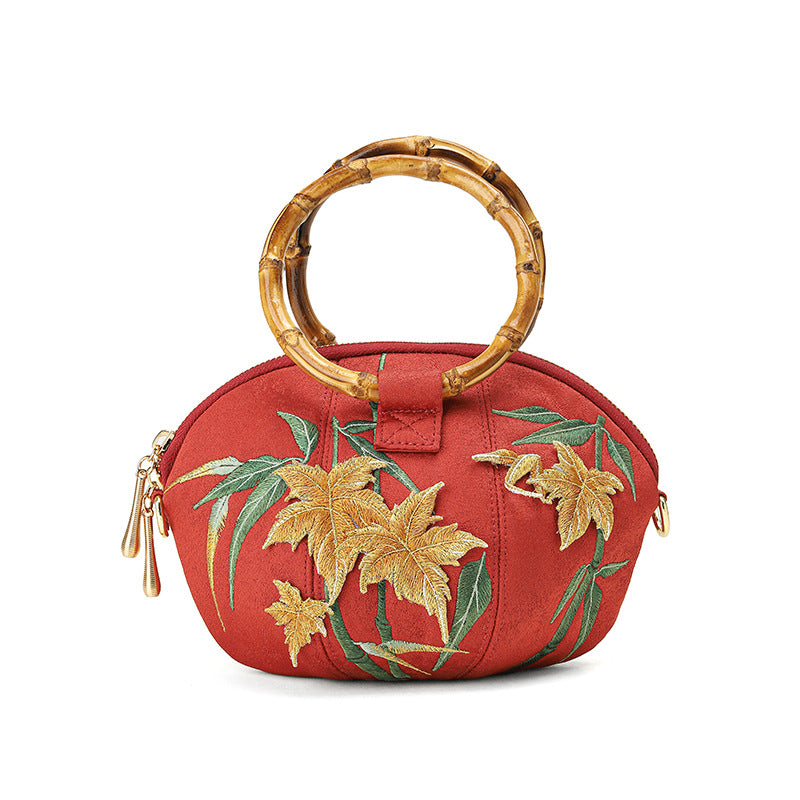 Women's Style Portable Embroidery Pumpkin Bamboo Maple Crossbody Bags