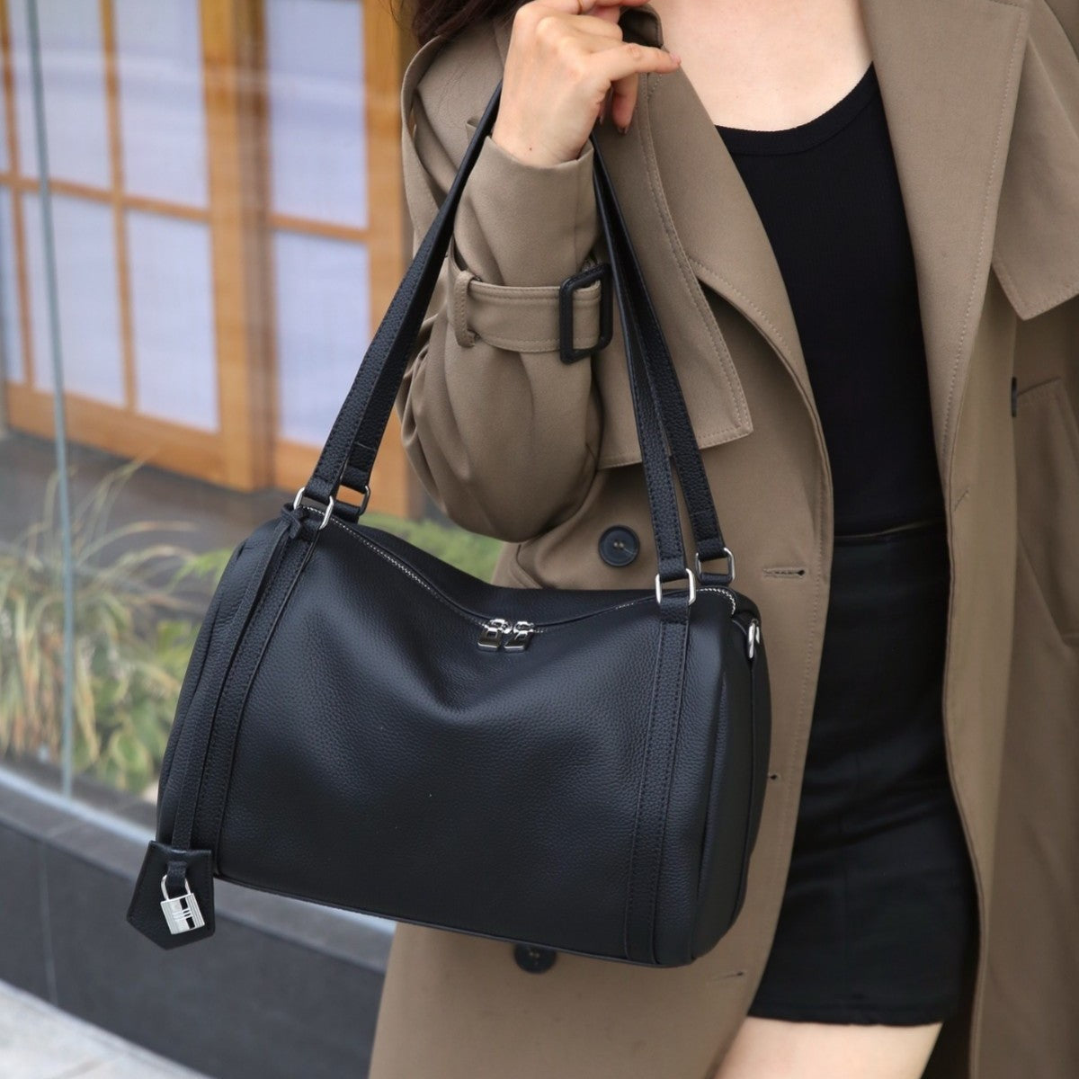 Women's First Layer Cowhide Boston Portable Genuine Shoulder Bags