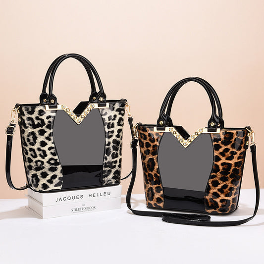 Women's Bright Leather Leopard Print Trendy Big Handbags