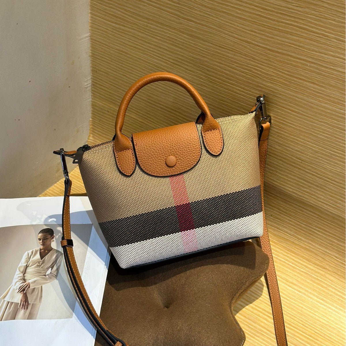 Women's Portable Plaid Contrast Color Cowhide Crossbody Bags