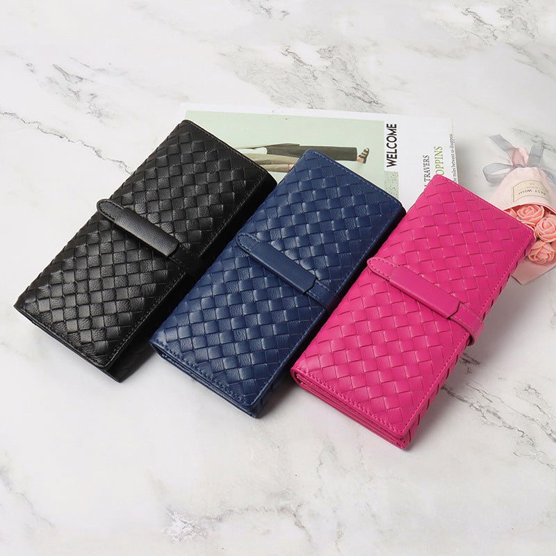 Women's Long Handmade Sheepskin Woven Fold Korean Ladies Wallets