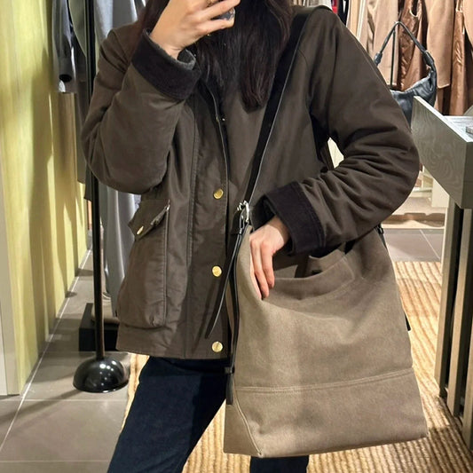Women's Large Capacity Canvas Genuine Leather Two-tone Shoulder Bags