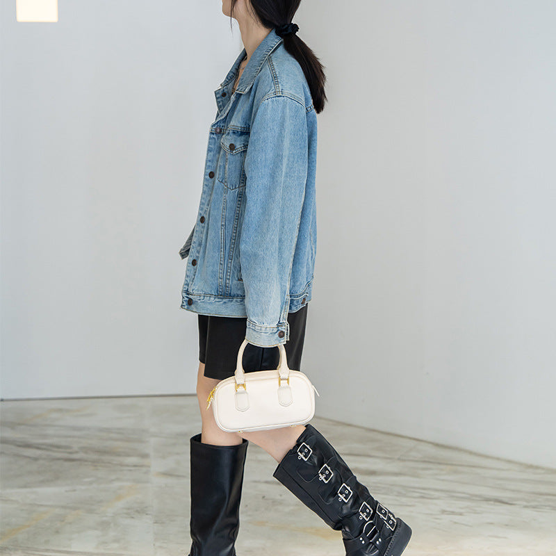 Women's Cow Leather Fashion Bowling Boston Handbags