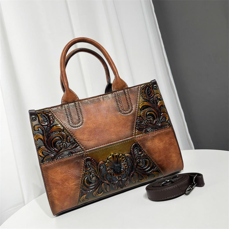 Women's Chinese Style Stitching Artistic Relief Painted Handbags