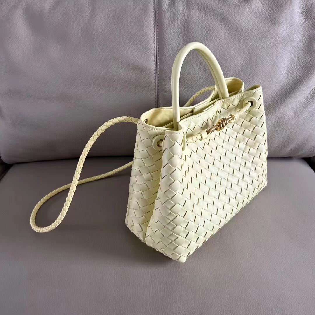 Women's Cowhide Metal Cord Fastener Woven Bags