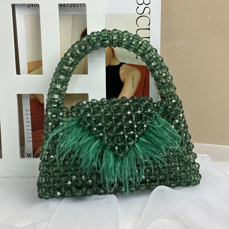 Women's Acrylic Beaded Feather Decoration Hand-woven Fashion Handbags