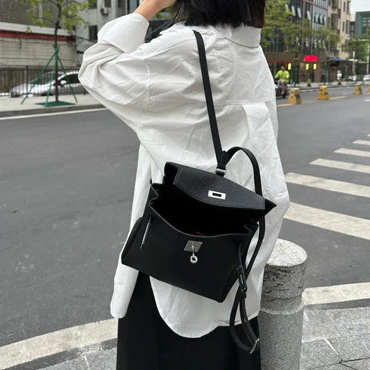 Women's Top Layer Cowhide Lychee Pattern Kelly Backpacks