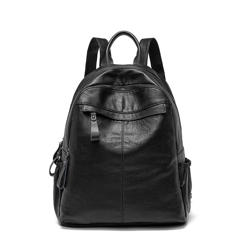 Women's Fashion Trendy Versatile Black Soft Leather Backpacks
