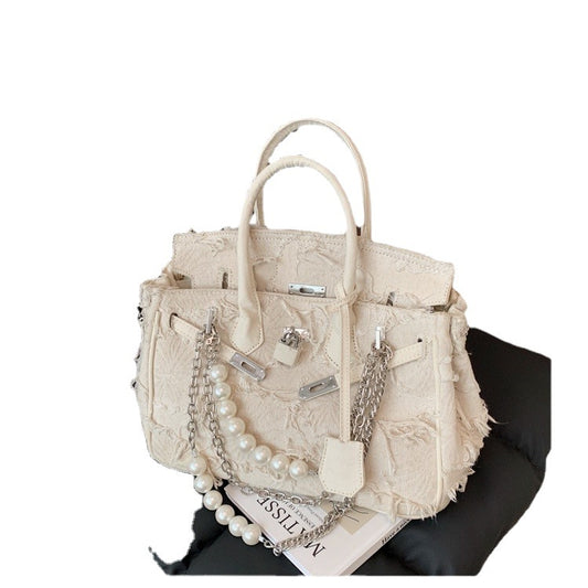 Women's Retro Denim Beggar Pearl Chain Crossbody Bags