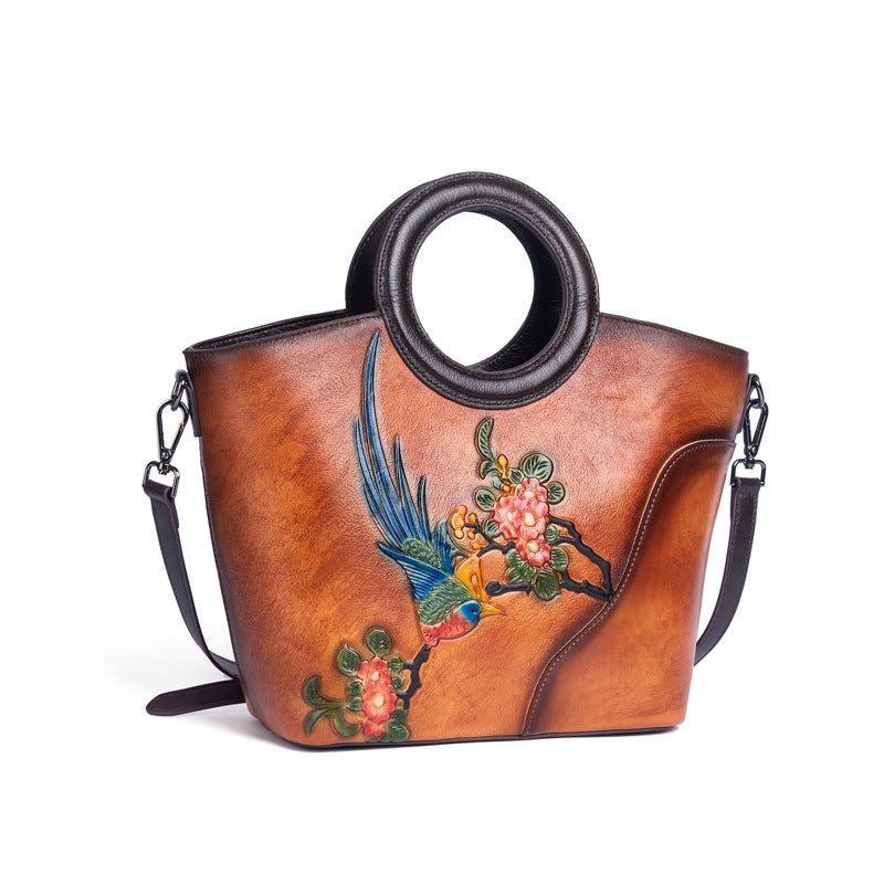 Women's Genuine Leather Vintage First Layer Cowhide Embossed Handbags