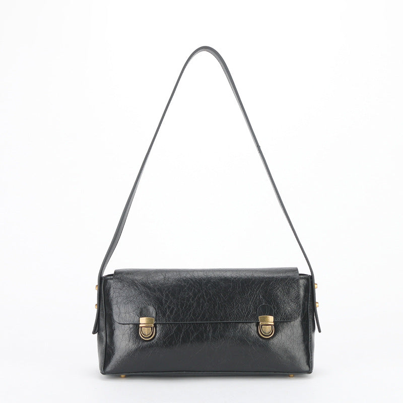 Women's Retro Underarm Baguette Layer Oil Wax Shoulder Bags