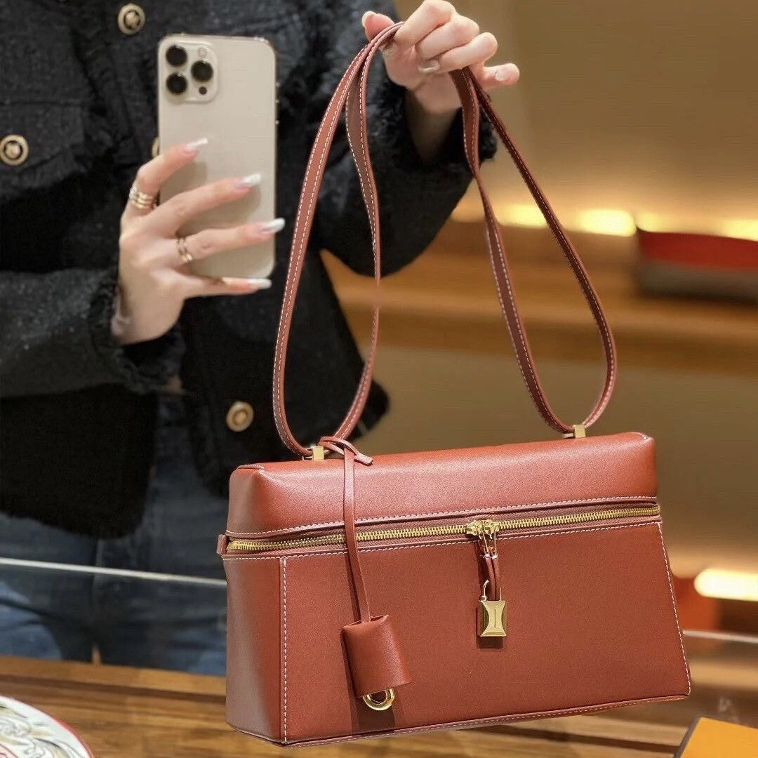 Women's Underarm Plain Cowhide Lunch Box Portable Crossbody Bags