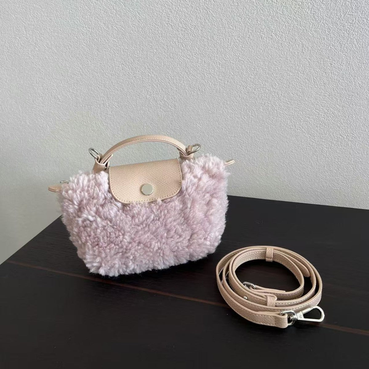 Women's Genuine Leather Lamb Wool Mini Portable Fur Bags