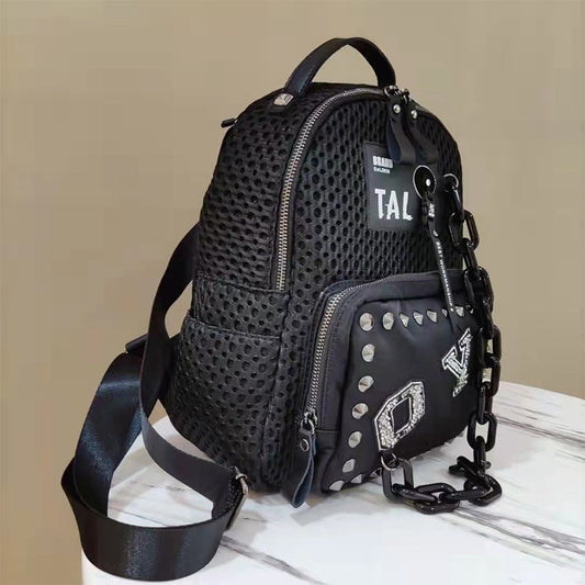 Women's Mesh With Leather Personality Rivets Rhinestone Thick Straps Backpacks