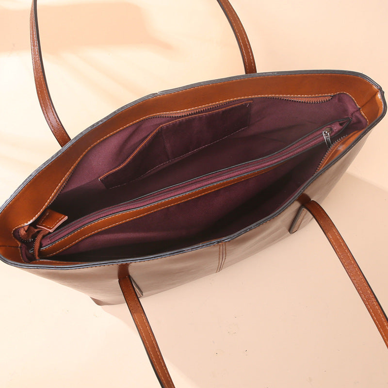 Women's Genuine Leather Simple Big Oil Wax Shoulder Bags