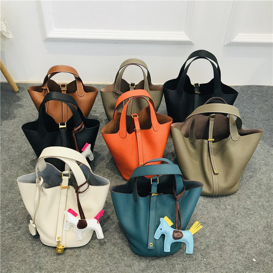 Vegetable Basket Layer Cowhide Lychee Pattern Handbags