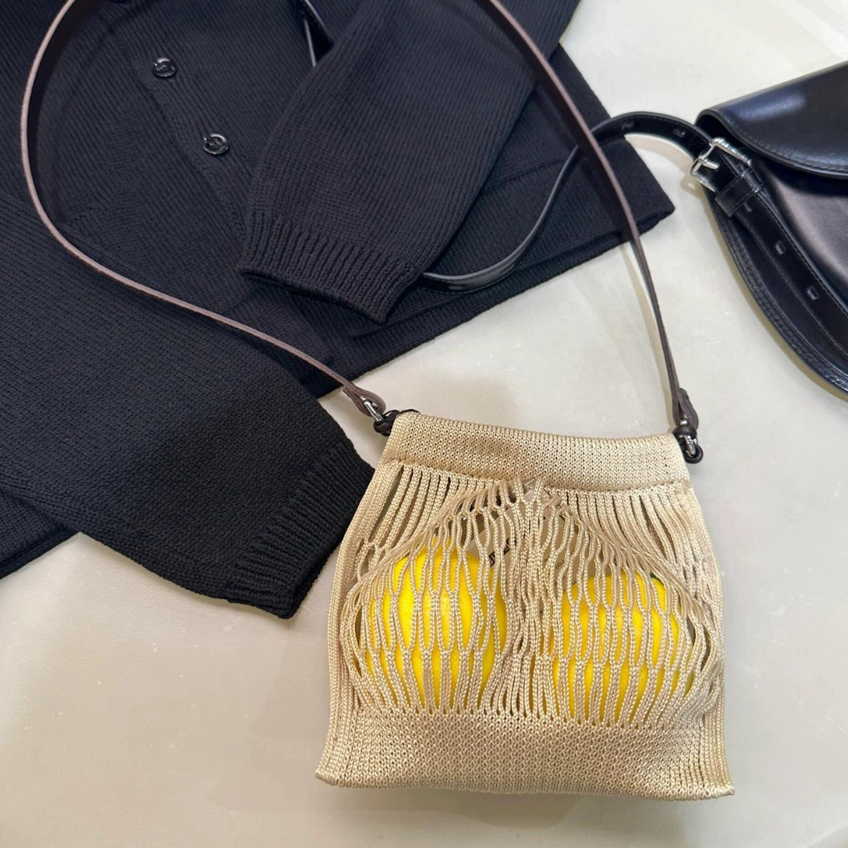Size Medium Mesh Pocket Concave Shape Design Crossbody Bags