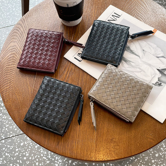 Women's Classy Short Leather Woven Sheepskin Card Holder