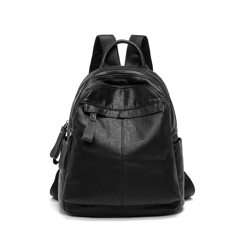 Women's Fashion Trendy Versatile Black Soft Leather Backpacks