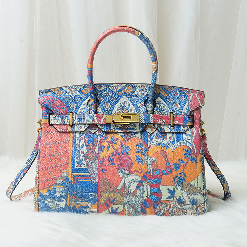 Women's Pattern Printing Fashion First Layer Cowhide Handbags