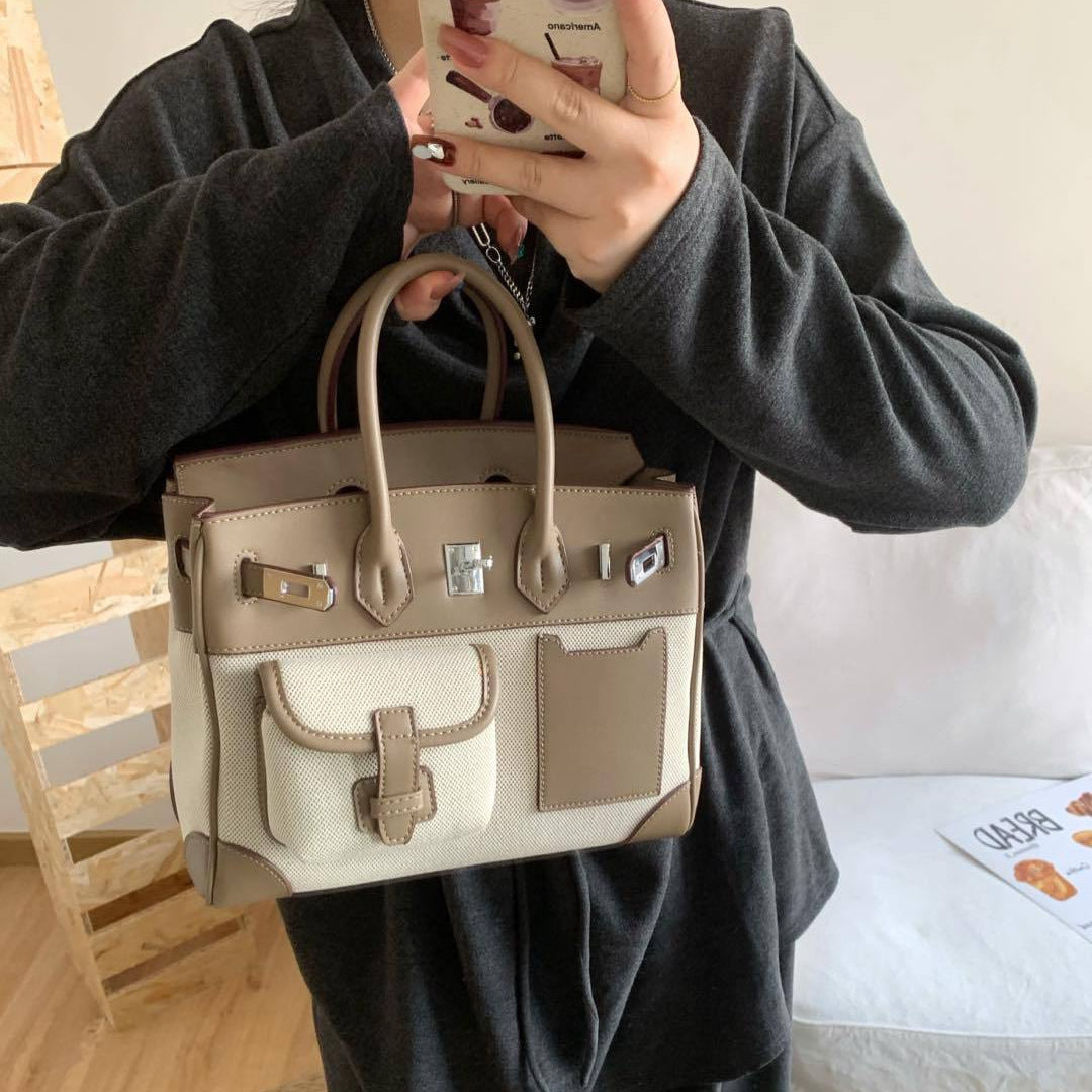 Women's Contrast Color Canvas Leather Stitching High-grade Handbags