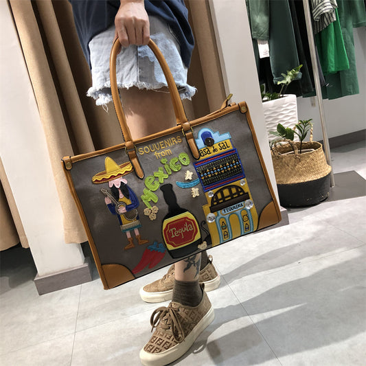 Women's Fashion Embroidered Mexican Theme Large Capacity Shoulder Bags