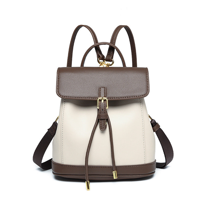 Women's First Layer Leather Contrast Color Retro Backpacks