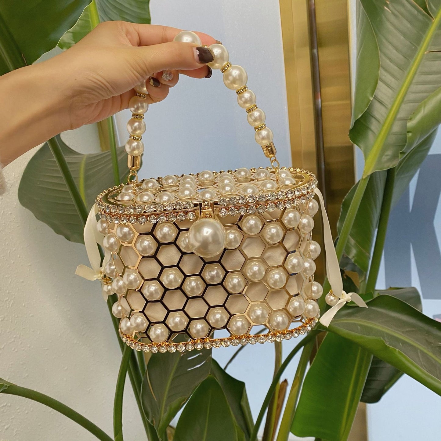 Women's Basket Dinner Shiny Rhinestone Pearl Shoulder Bags