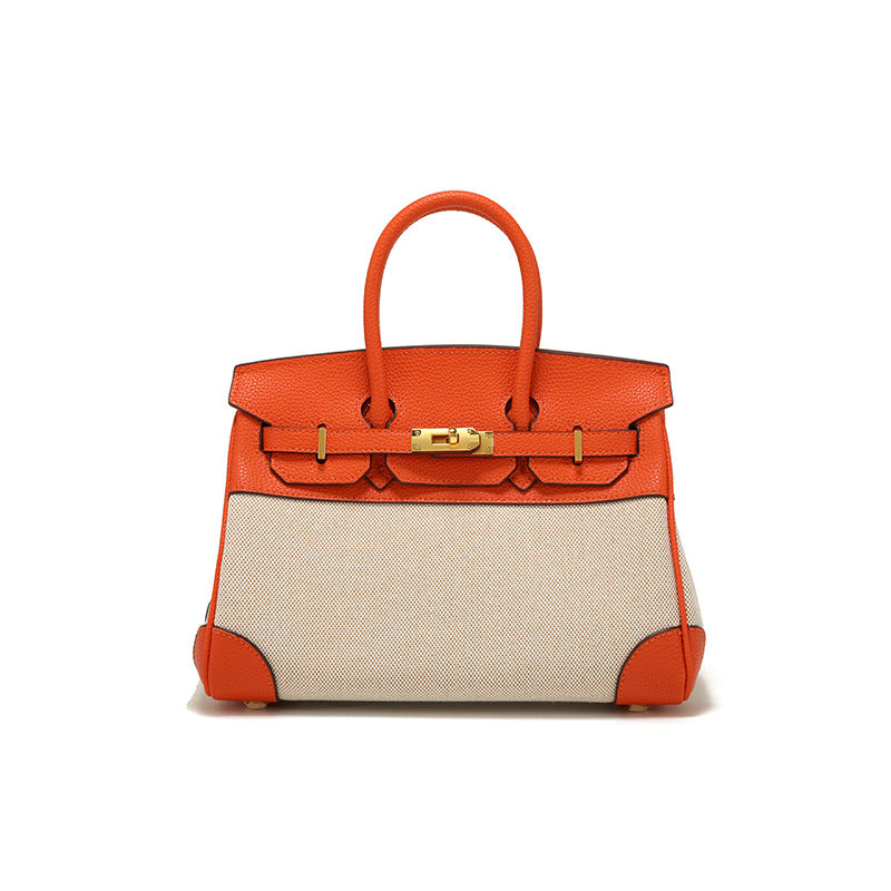 Women's Spring Design Leather With Canvas Contrast Color Handbags