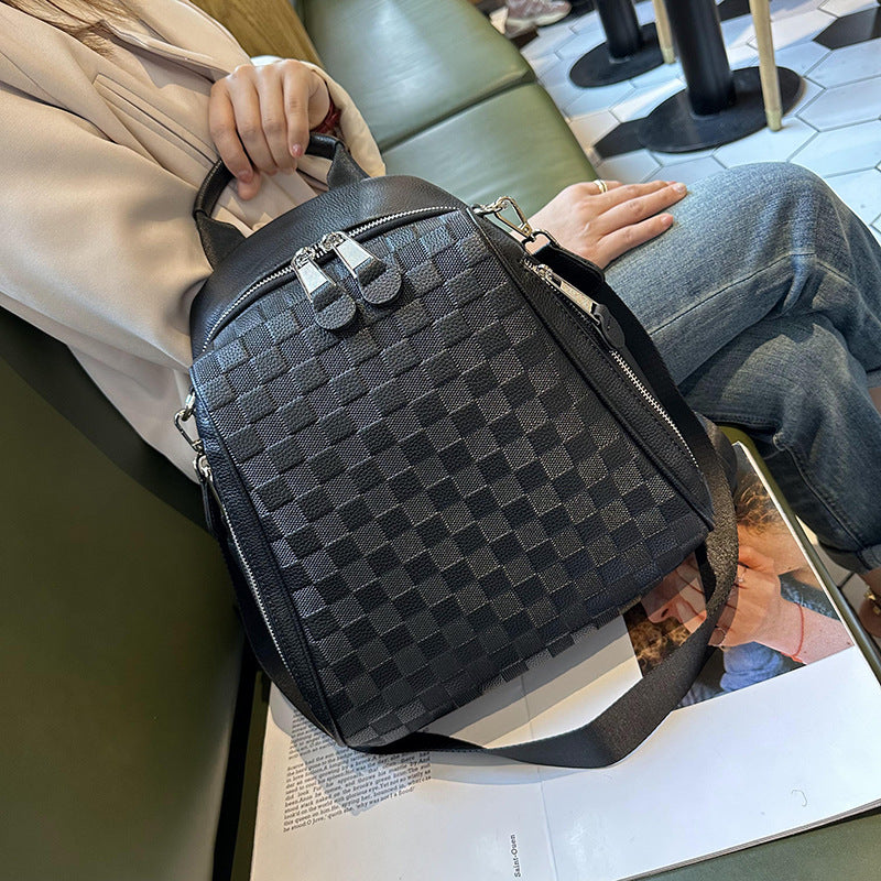 Chessboard Plaid Female Beige College Leisure Backpacks