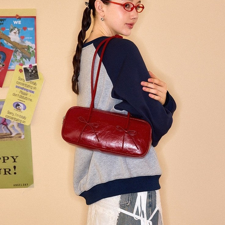 Women's Niche Bow Red Simple Baguette Large Shoulder Bags