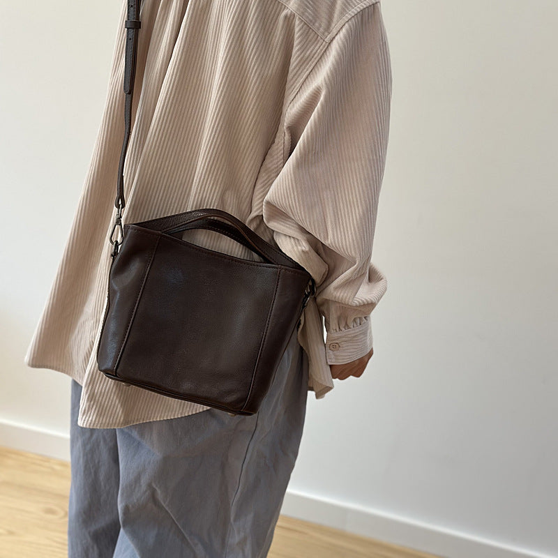 Women's Leather Vegetable Basket Portable Layer Cowhide Handbags